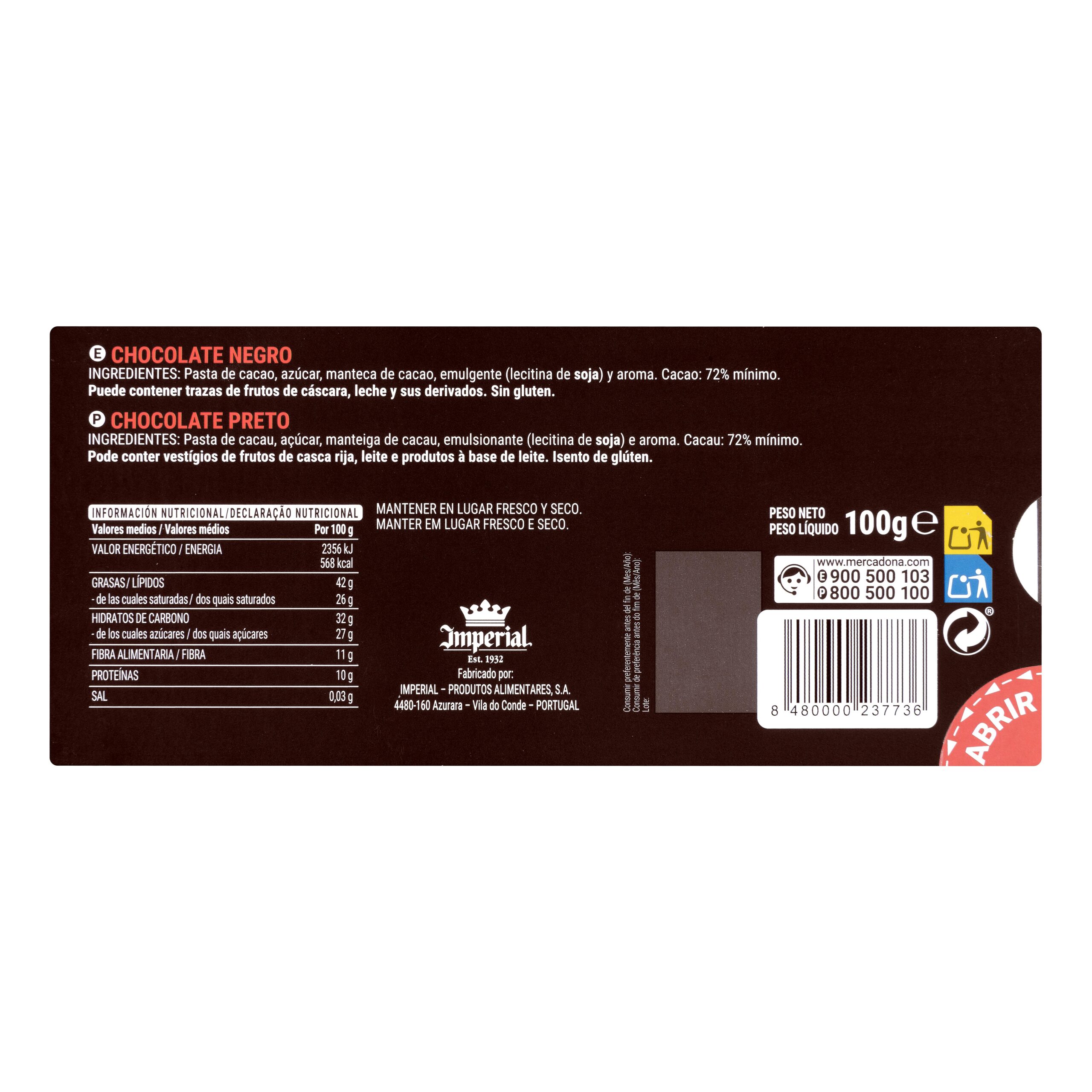 Etiqueta Chocolate negro 72% de cacao Hacendado